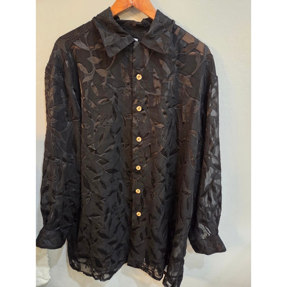 Philip & Monica Vintage 100% Silk Black Devore Burnout Leaf Blouse Large Sheer
